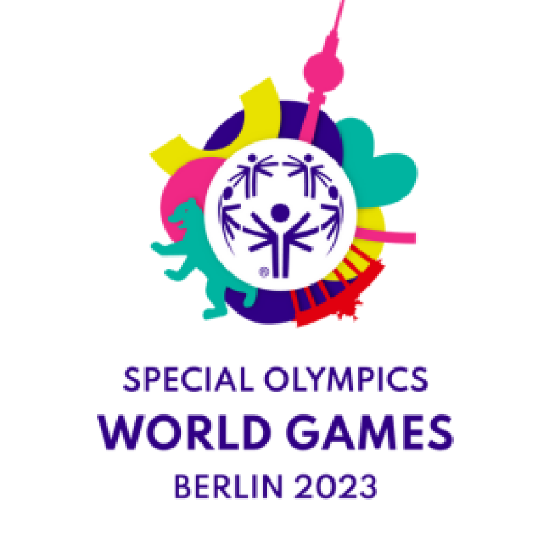 Das Bild zeigt das Logo der Special Olympics World Games Berlin 2023 mit bunten, dynamischen Formen und Symbolen.